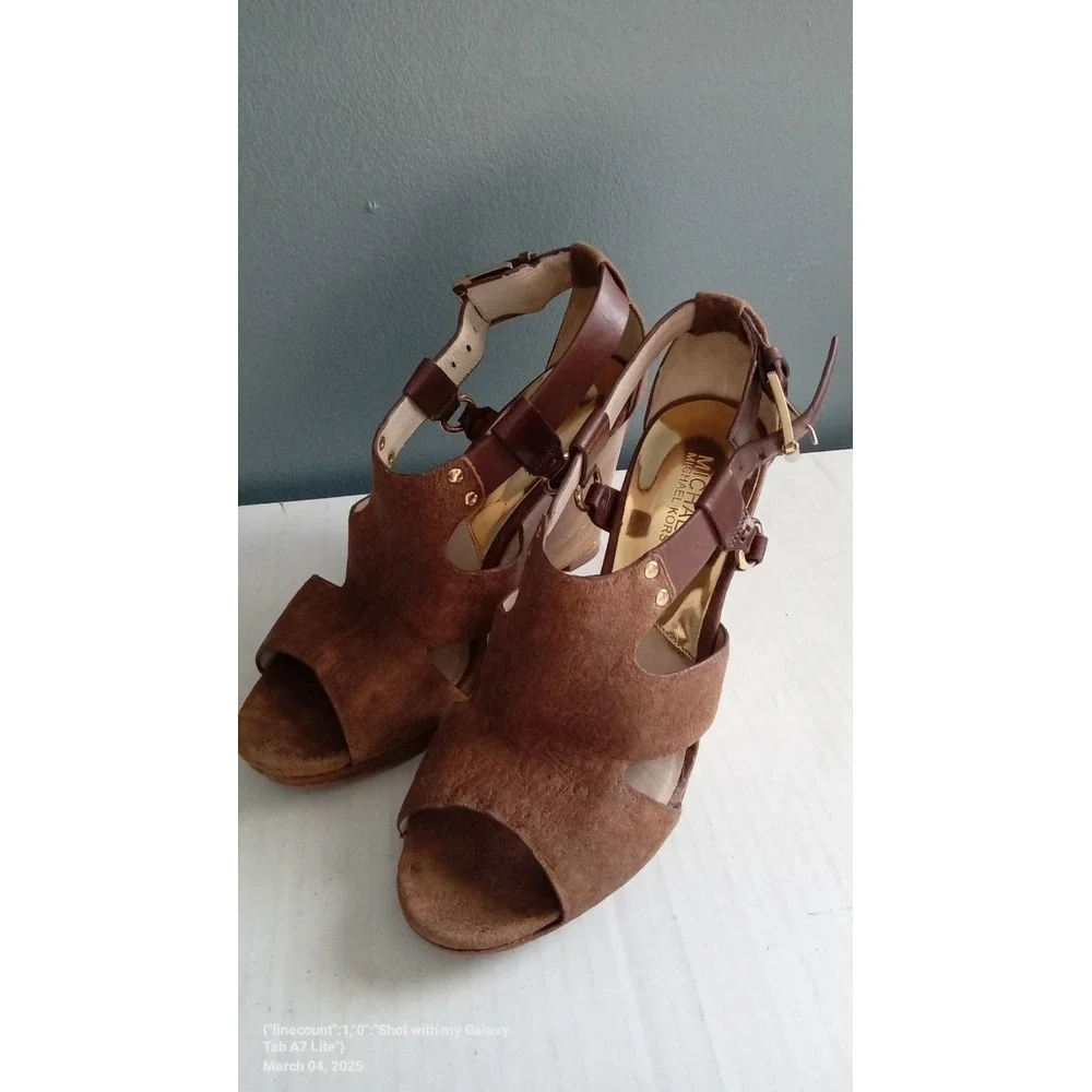 Michael Kors Brown Leather Wedge‎ Heels Gladiator Straps Buckle Size 8